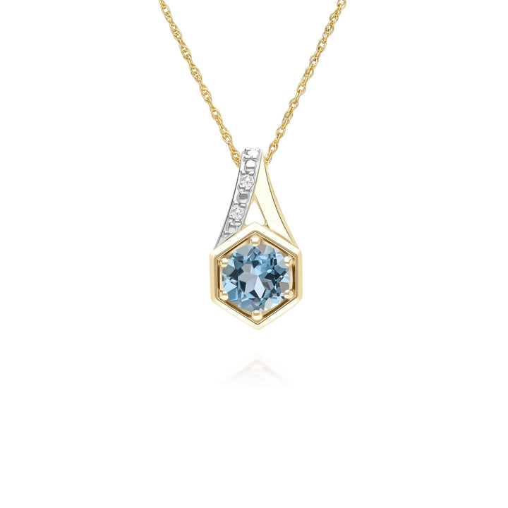 Geometric Hexagon with Prong set Round Topaz and Diamond Pendant Necklace in 9ct Yellow Gold
