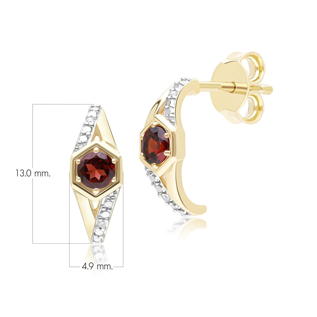 Geometric Hexagon with Prong set Round Garnet and Diamond Half Hoop Earrings in 9ct Yellow Gold