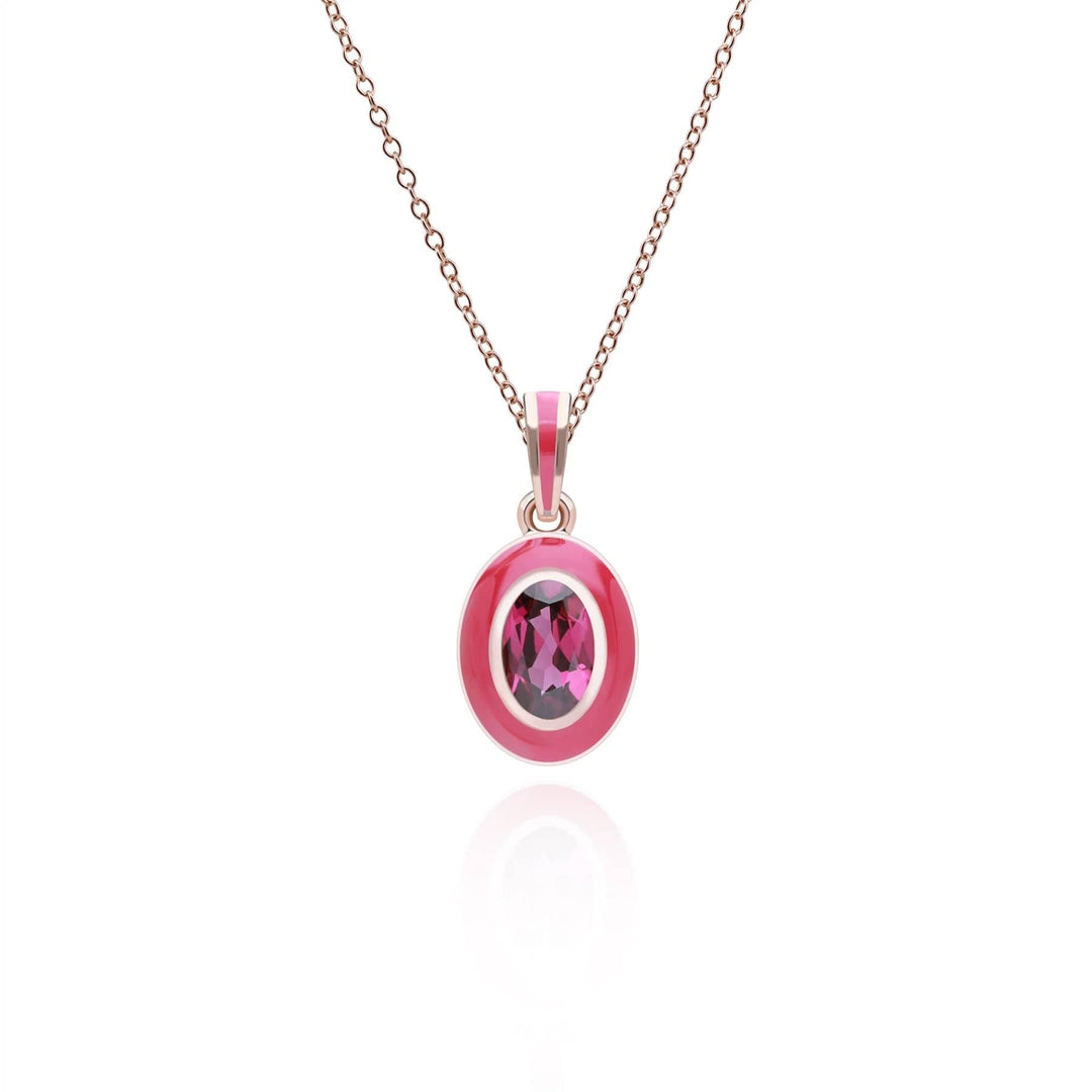 253P335690925 Siberian Waltz Pink Enamel & Oval Rhodolite Pendant in Rose Gold Plated Sterling Silver Front