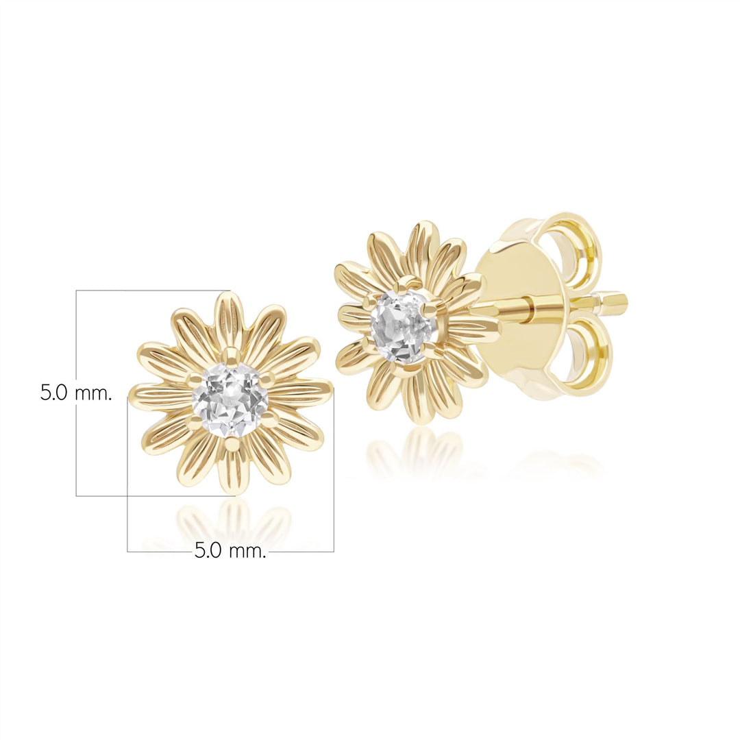 Gardenia Daisy White Sapphire Floral Halo Flower Stud Earrings in Solid 9ct Yellow Gold