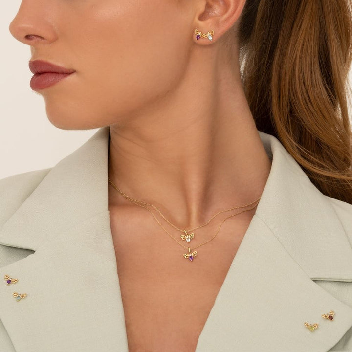 Honeycomb Art Nouveau Pear Shape Amethyst and Diamond Bee Stud Earrings in 9ct Yellow Gold