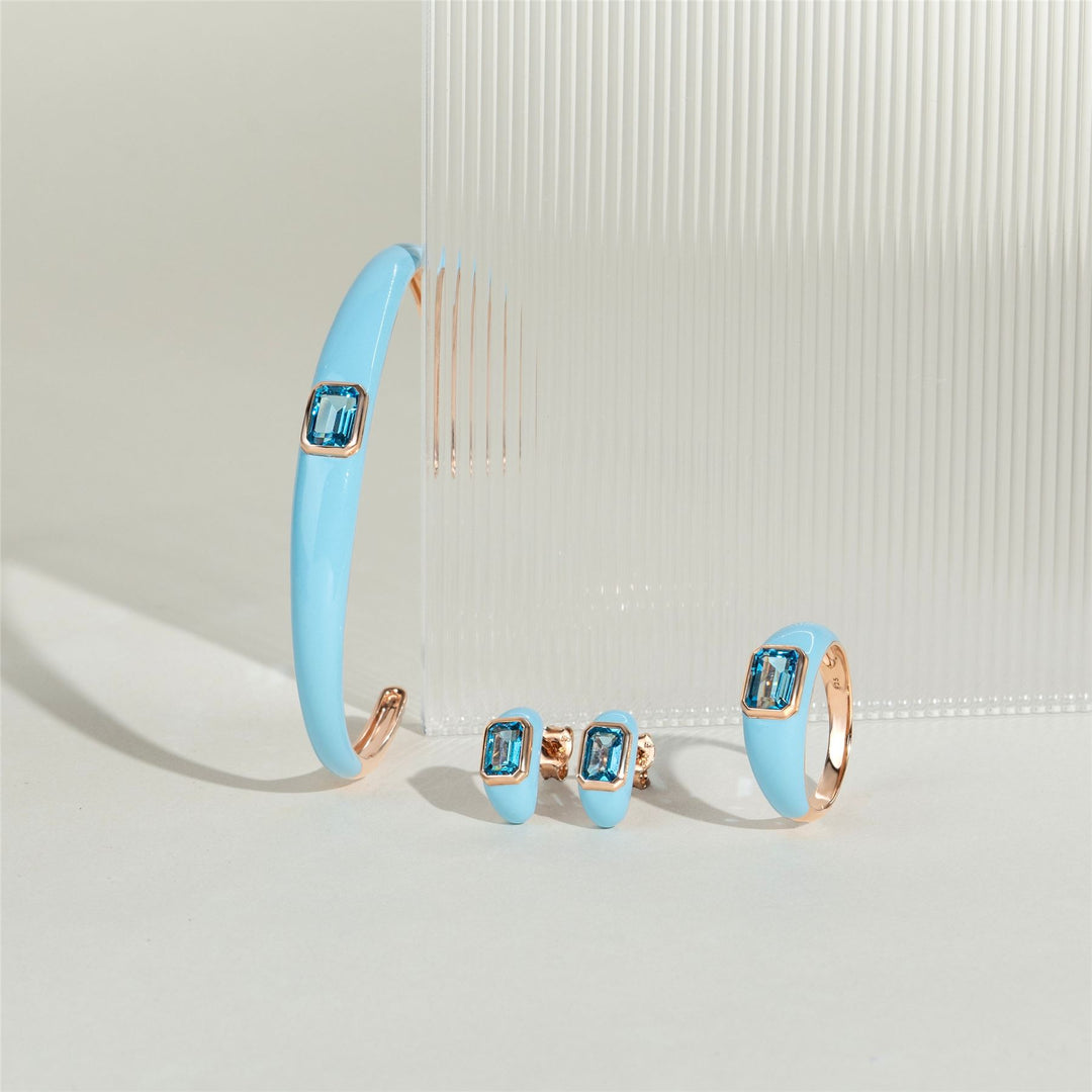 Siberian Waltz Blue Enamel & Octagon Sky Blue Topaz Bangle In Rose Gold Vermeil
