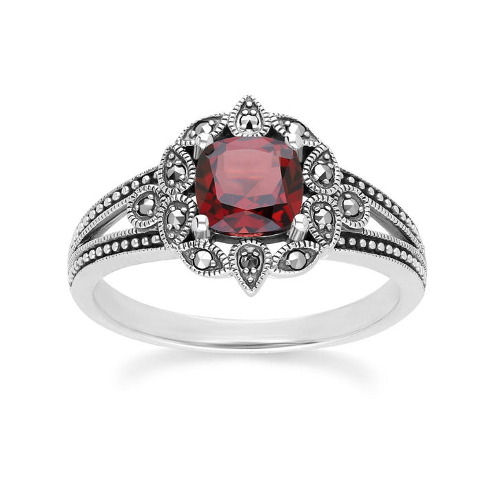 Art Deco Style Cushion Garnet & Marcasite Ring in Sterling Silver