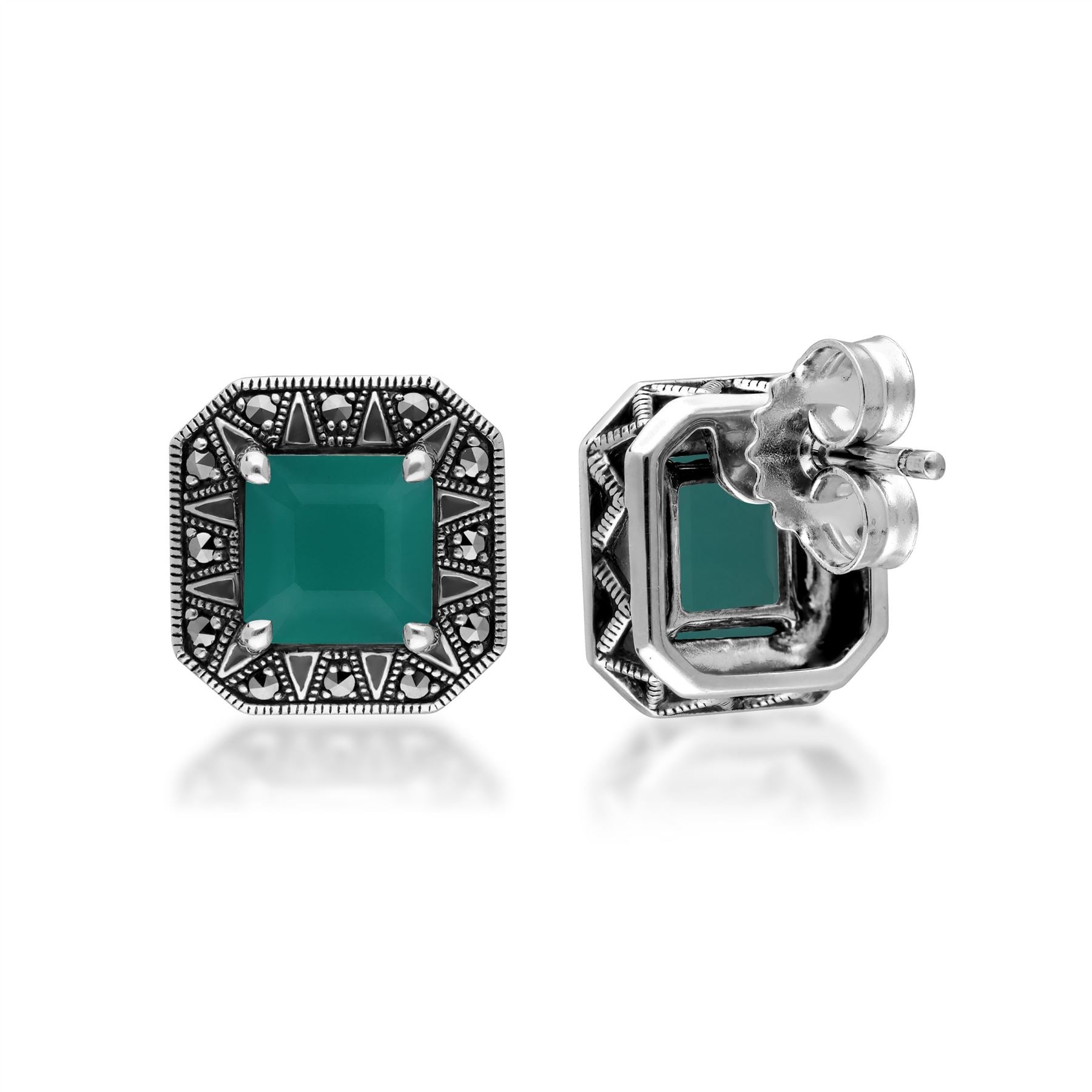 Art Deco Inspired Square Cut Chalcedony & Marcasite Stud Earrings