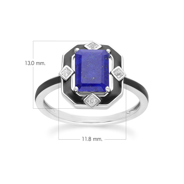 Grand Deco Black Enamel, Lapis Lazuli & Topaz Ring in Sterling Silver