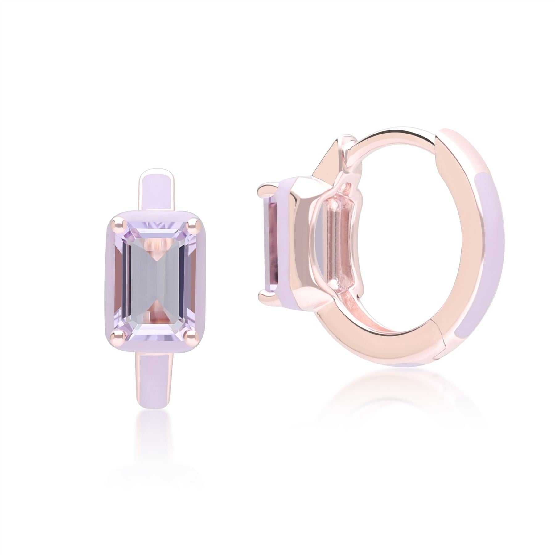 Siberian Waltz Violet Enamel & Octagon Amethyst Hoop Earrings In Rose Gold Vermeil