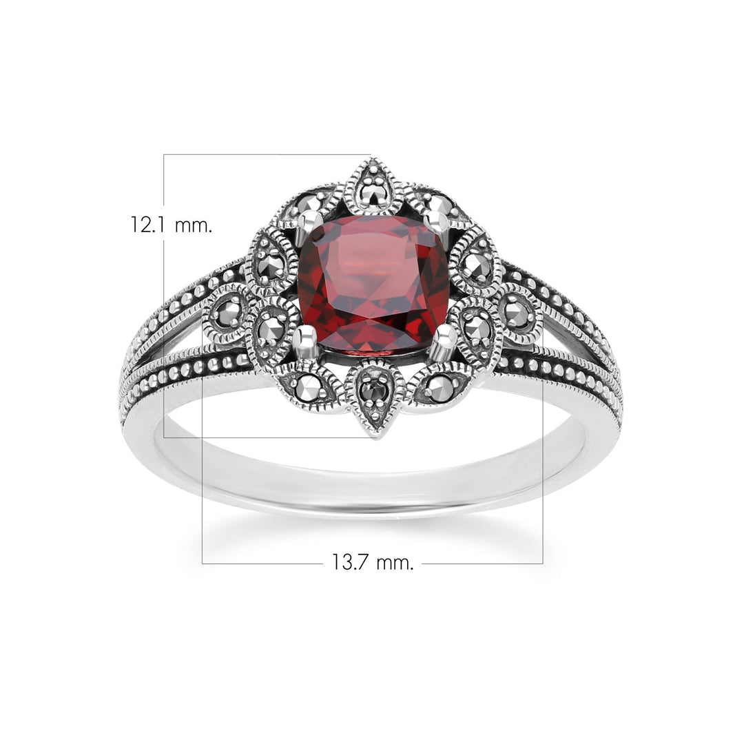 Art Deco Style Cushion Garnet & Marcasite Ring in Sterling Silver