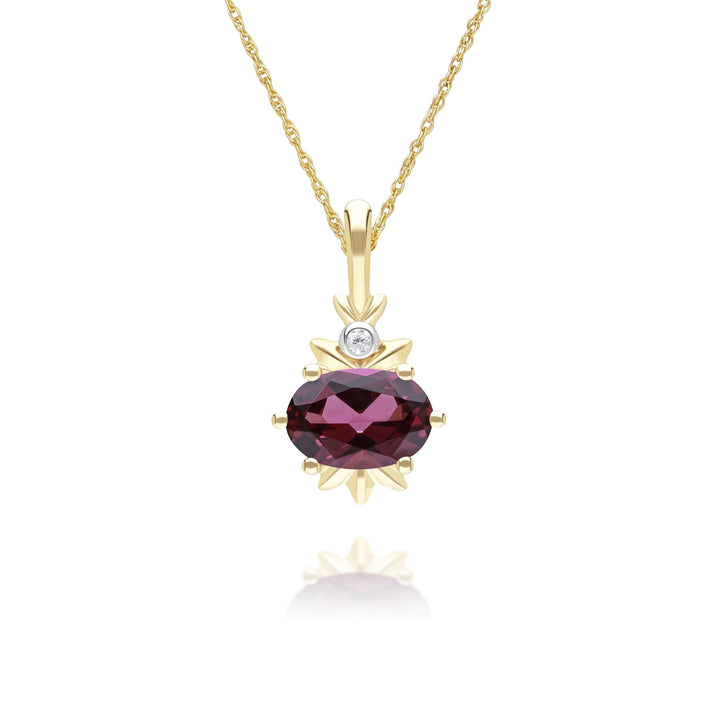 Classic Oval Rhodolite & Diamond Pendant Necklace in 9ct Yellow Gold
