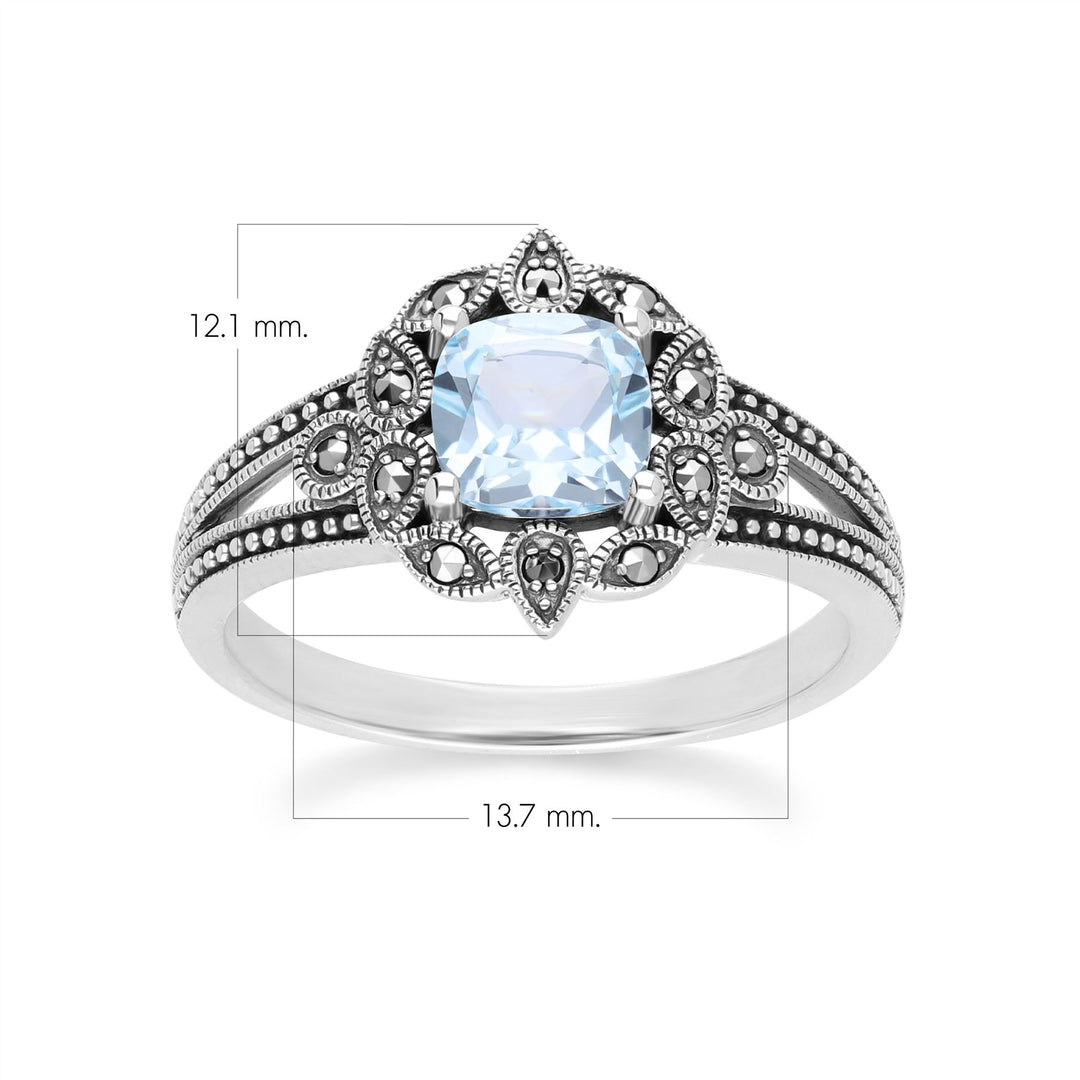 Art Deco Style Cushion Blue Topaz & Marcasite Ring in Sterling Silver