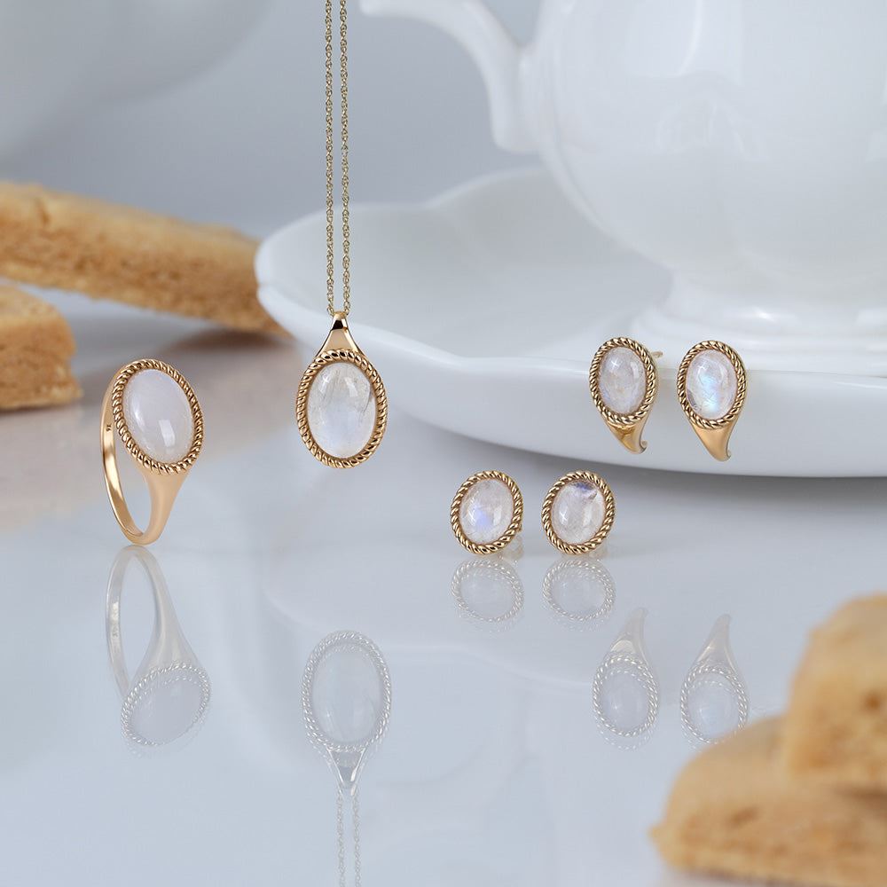 Classic Oval Rainbow Moonstone Drop Stud Earrings in 9ct Yellow Gold