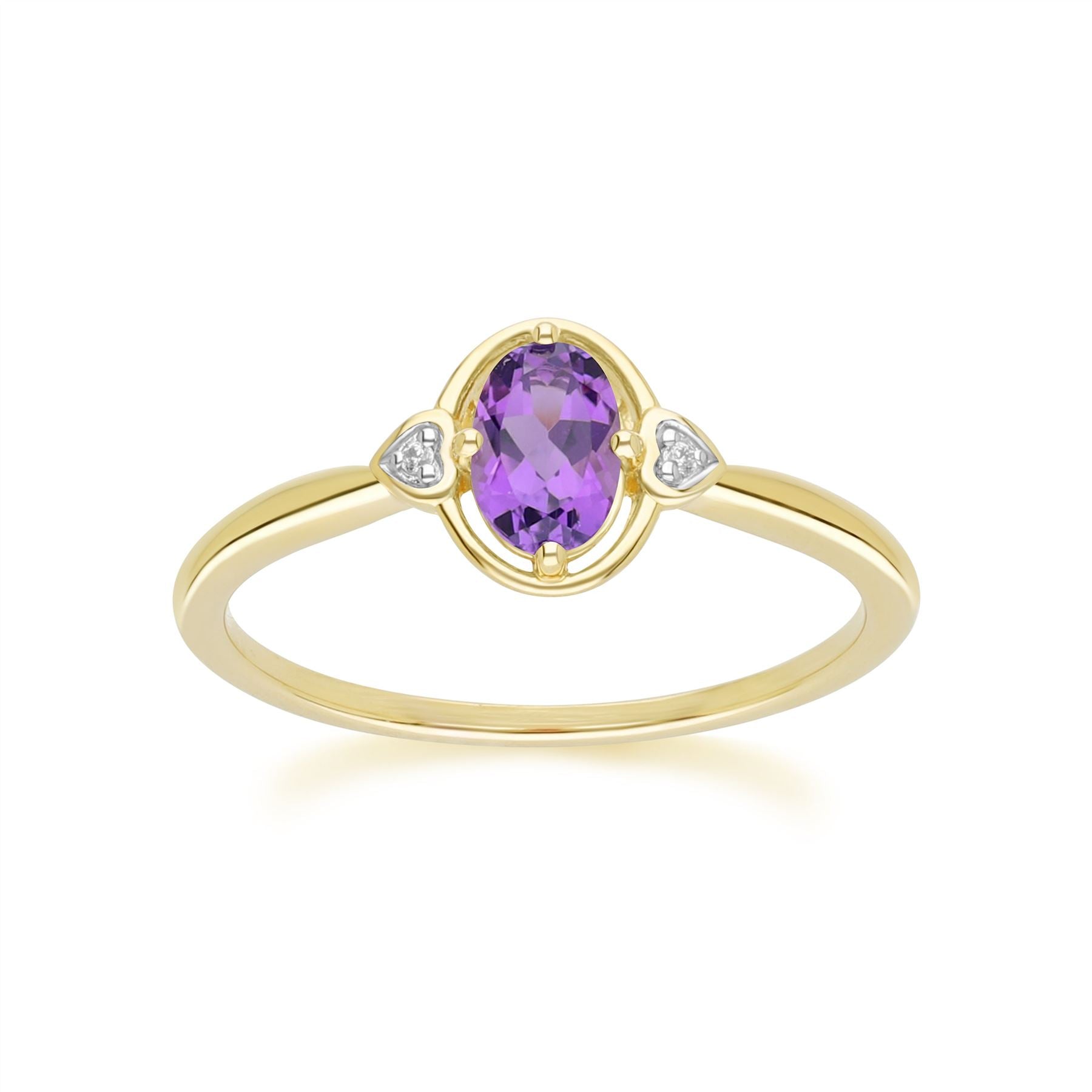 Classic Oval Amethyst & Diamond Heart Ring In 9ct Yellow Gold