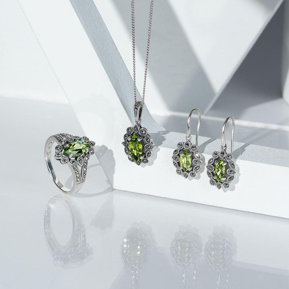 Art Deco Style Marquise Peridot & Marcasite Pendant Necklace in Sterling Silver