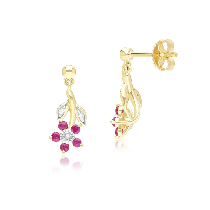 Floral Ruby & Diamond Drop Earrings in 9ct Yellow Gold