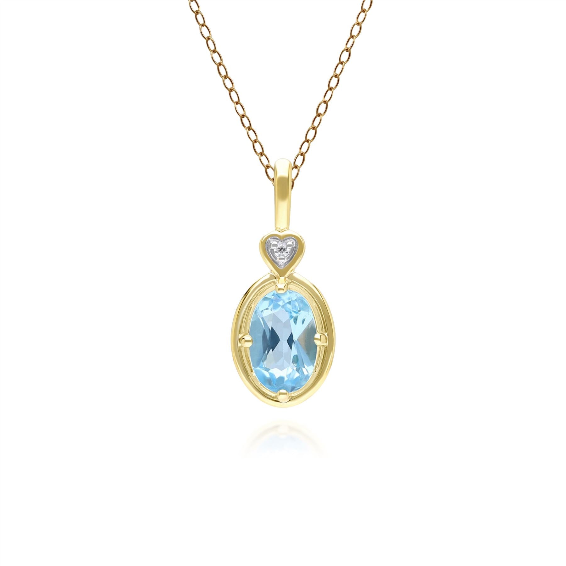 Classic Oval Topaz & Diamond Heart Pendant Necklace In 9ct Yellow Gold