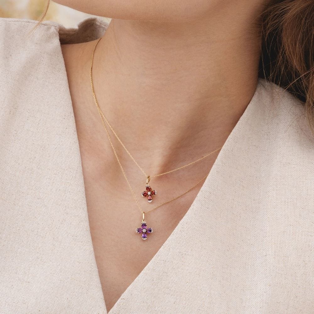 Floral Garnet & Diamond Pendant Necklace in 9ct Yellow Gold