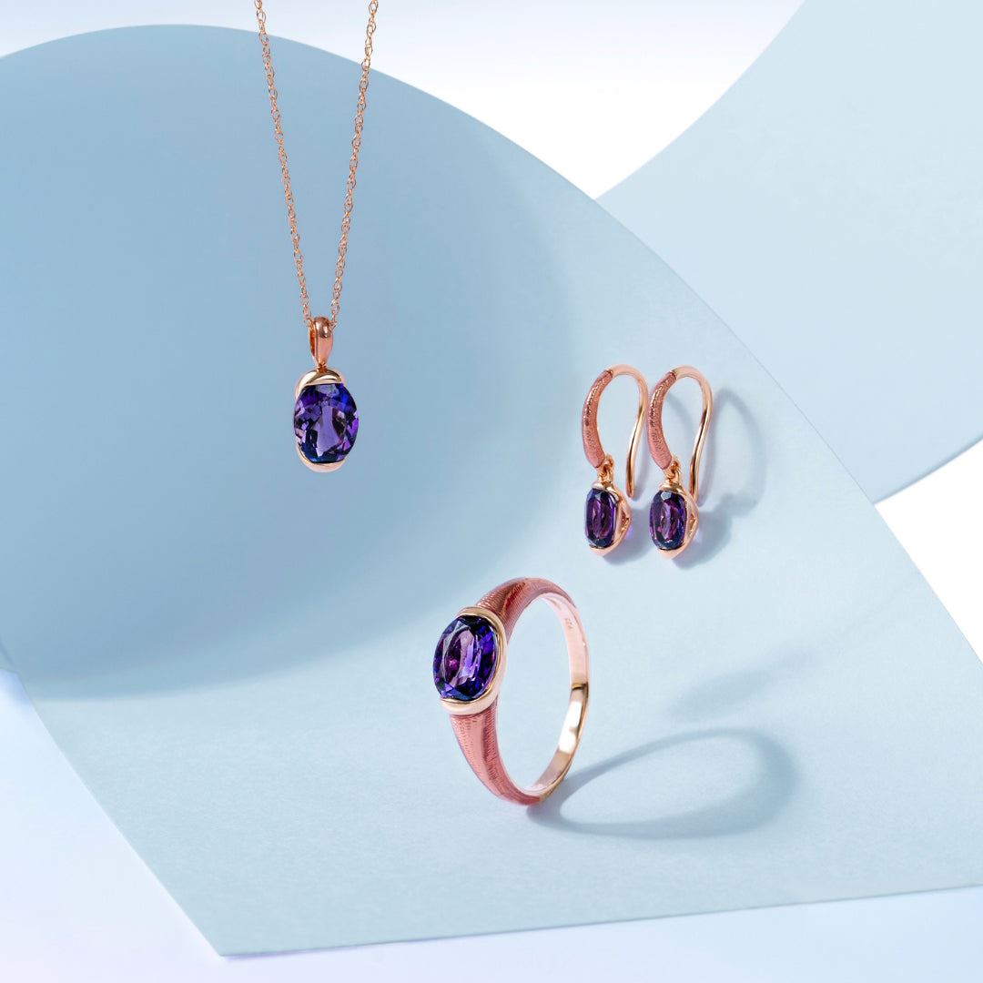 Siberian waltz Oval amethyst with violet enamelled half-bezel set french hook earrings in rose gold vermeil sterling silver