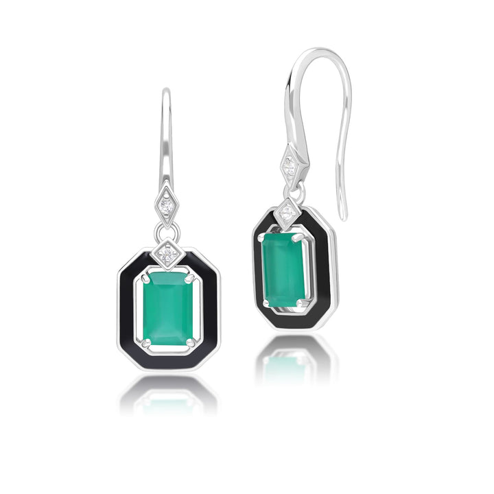 Grand Deco Black Enamel, Green Chalcedony & Topaz Drop Earrings in Sterling Silver