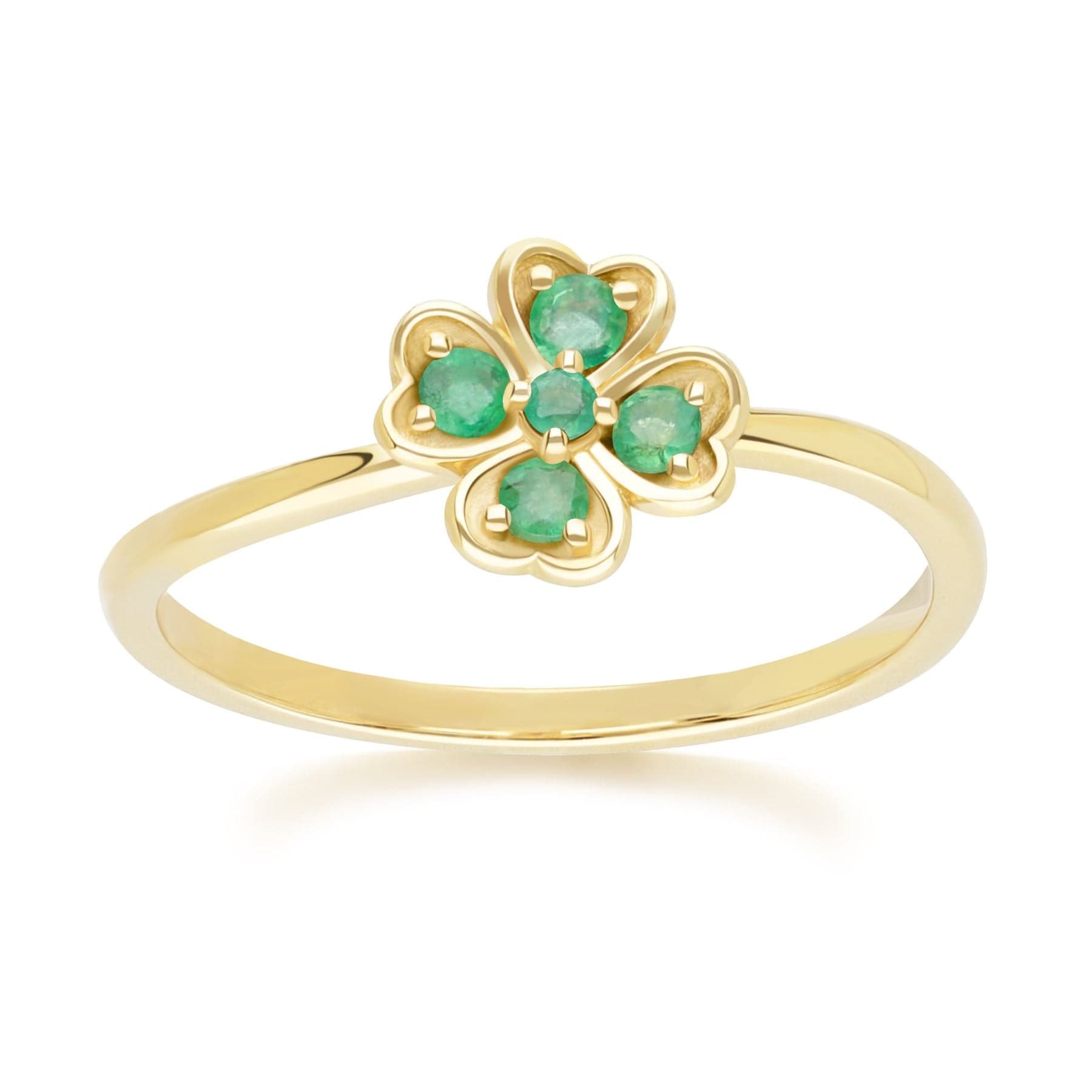 135R2102029 Gardenia Round Emerald Clover Ring in 9ct Yellow Gold Front