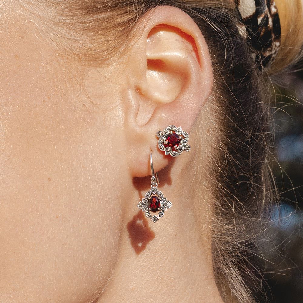 Art Deco Style Cushion Garnet & Marcasite Stud Earrings in Sterling Silver