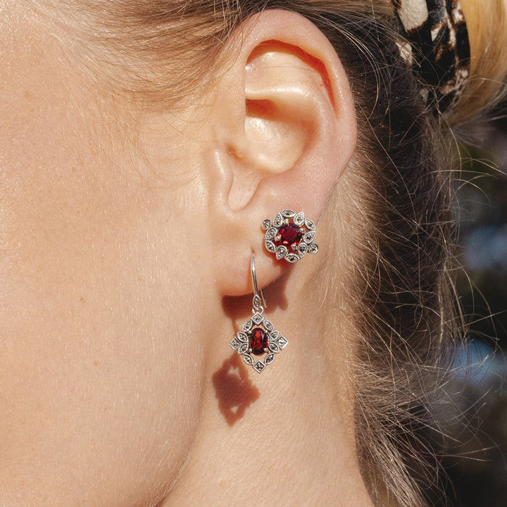 Art Deco Style Cushion Garnet & Marcasite Stud Earrings in Sterling Silver
