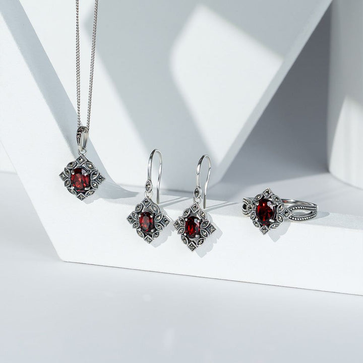 Art Deco Style Oval Garnet & Marcasite Pendant Necklace in Sterling Silver