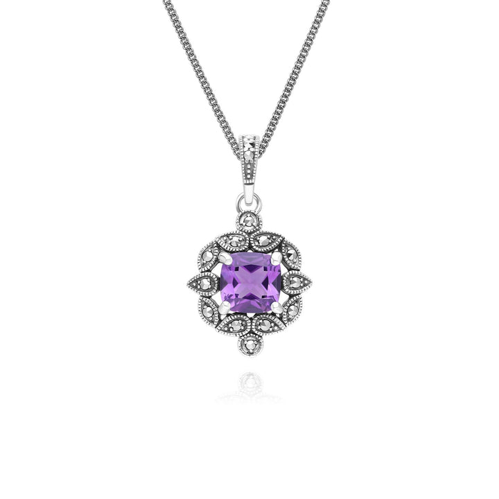 Art Deco Style Cushion Amethyst & Marcasite Pendant Necklace in Sterling Silver