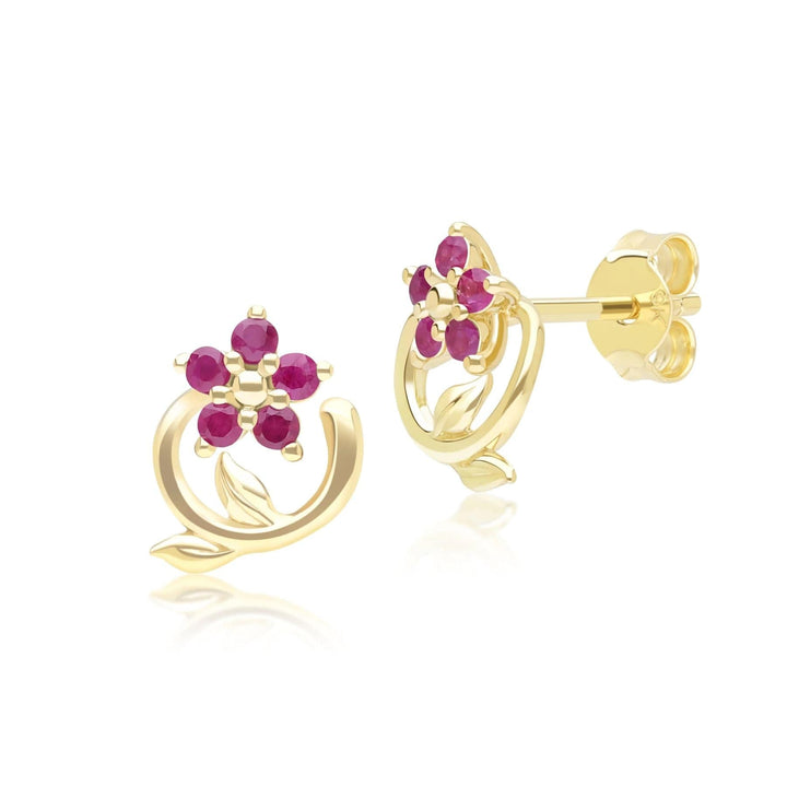 Floral Vine Ruby Stud Earrings in 9ct Yellow Gold