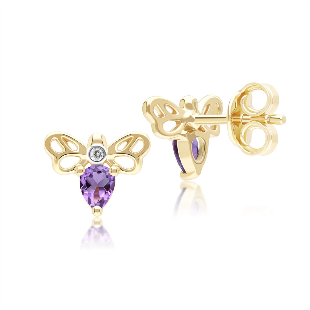 Honeycomb Art Nouveau Pear Shape Amethyst and Diamond Bee Stud Earrings in 9ct Yellow Gold