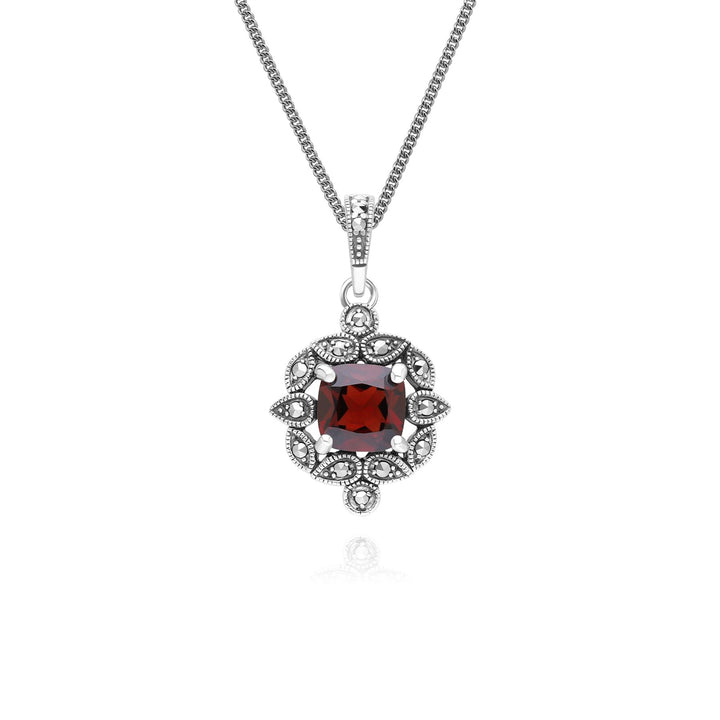 Art Deco Style Cushion Garnet & Marcasite Pendant Necklace in Sterling Silver
