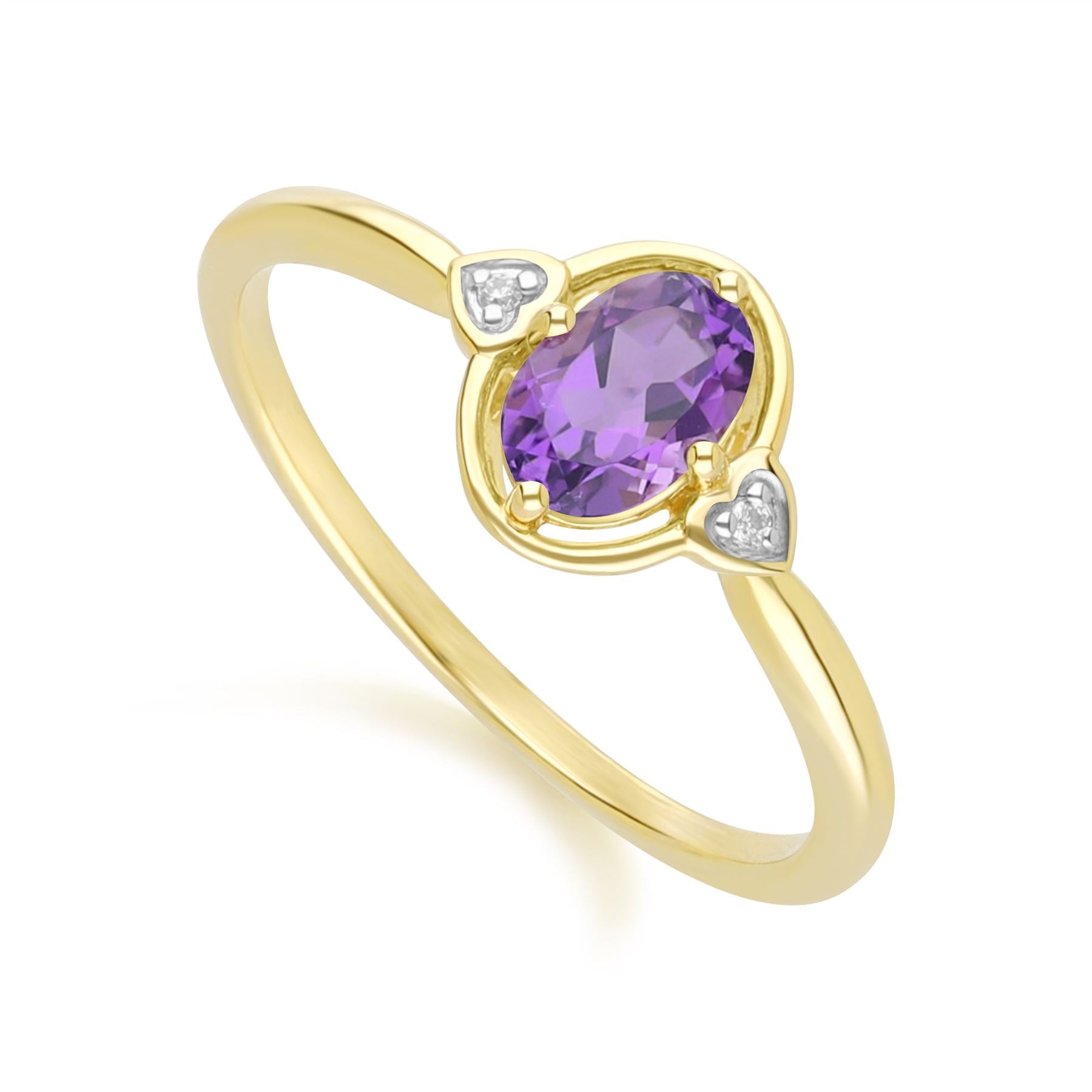 Classic Oval Amethyst & Diamond Heart Ring In 9ct Yellow Gold