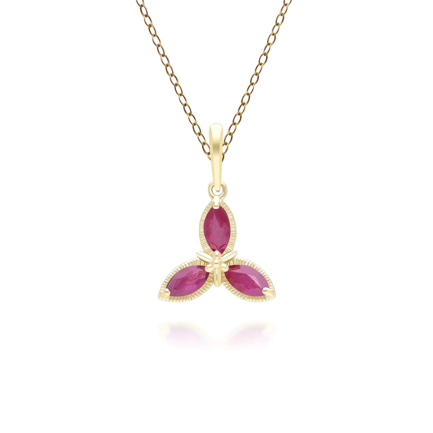 Floral Marquise Ruby Pendant Necklace in 9ct Yellow Gold