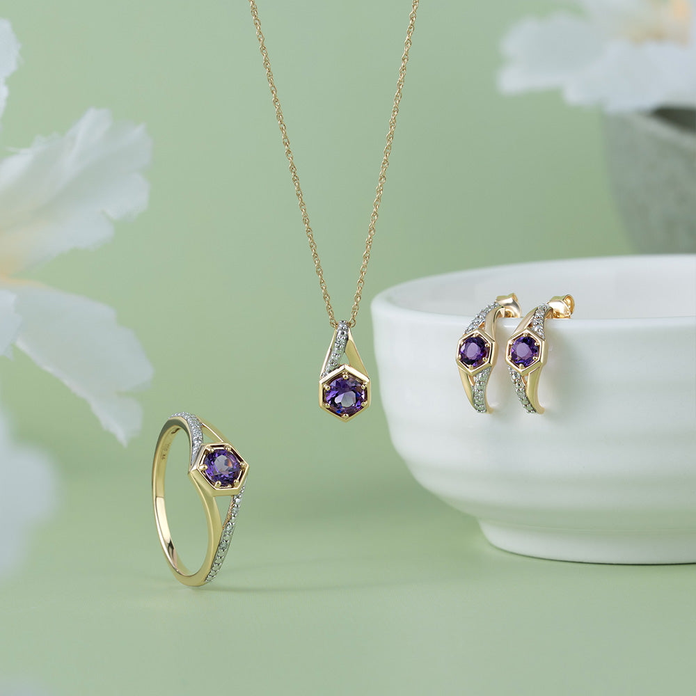Geometric Hexagon with Prong set Round Amethyst and Diamond Pendant Necklace in 9ct Yellow Gold
