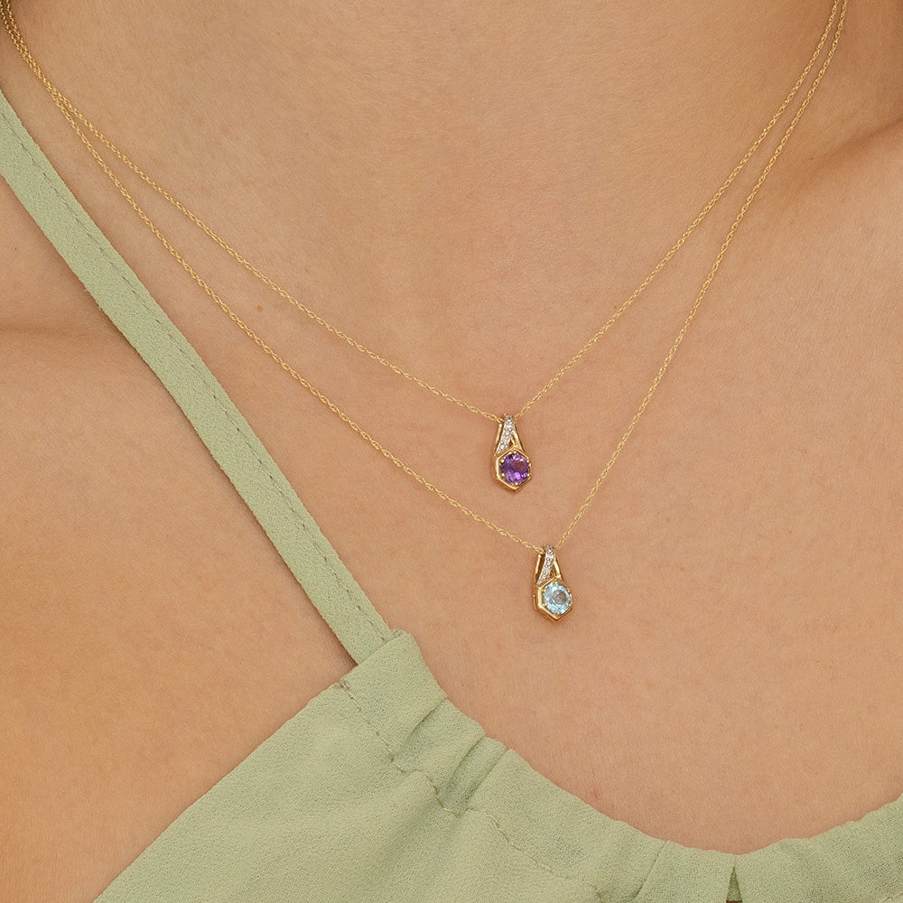 Geometric Hexagon with Prong set Round Topaz and Diamond Pendant Necklace in 9ct Yellow Gold