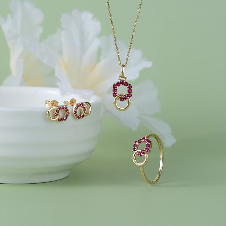 Geometric Hexagon and Round Linked with Prong set Ruby Pendant in 9ct Yellow Gold