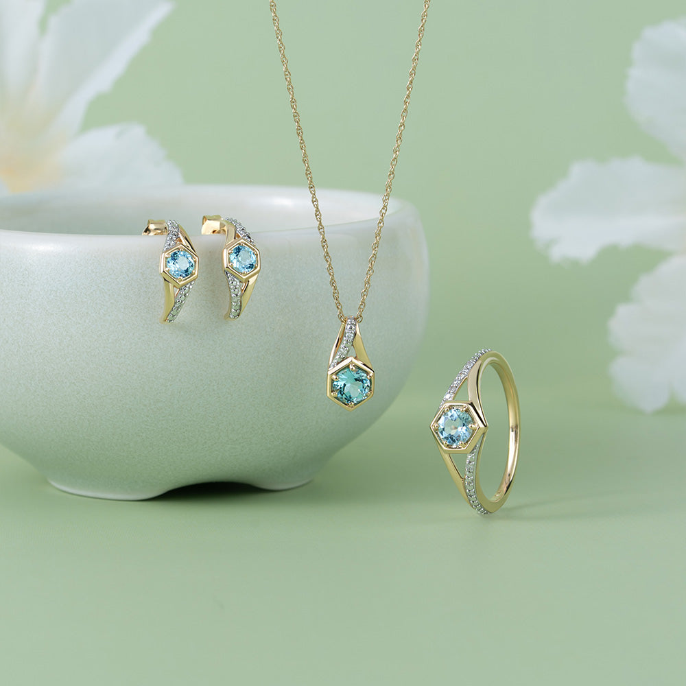Geometric Hexagon with Prong set Round Topaz and Diamond Pendant Necklace in 9ct Yellow Gold