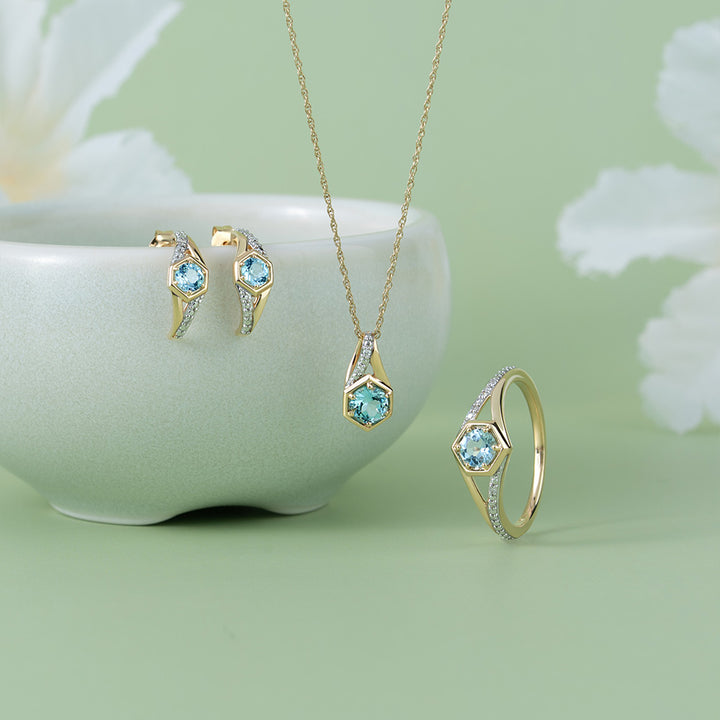 Geometric Hexagon with Prong set Round Topaz and Diamond Pendant Necklace in 9ct Yellow Gold