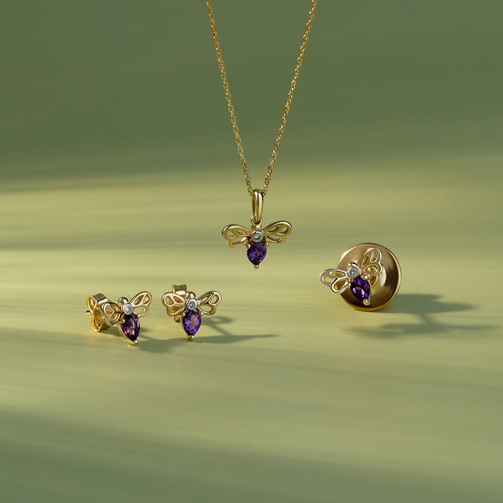 Honeycomb Art Nouveau Pear Shape Amethyst and Diamond Bee Pendant Necklace in 9ct Yellow Gold