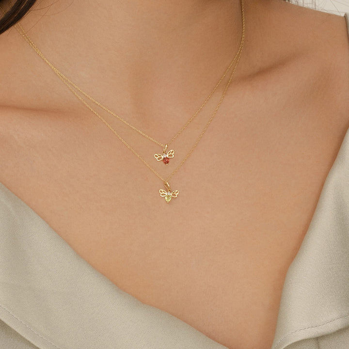 Honeycomb Art Nouveau Pear Shape Garnet and Diamond Bee Pendant Necklace in 9ct Yellow Gold