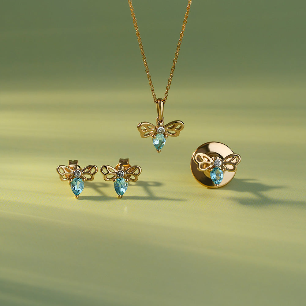 Honeycomb Art Nouveau Pear Shape Topaz and Diamond Bee Stud Earrings in 9ct Yellow Gold