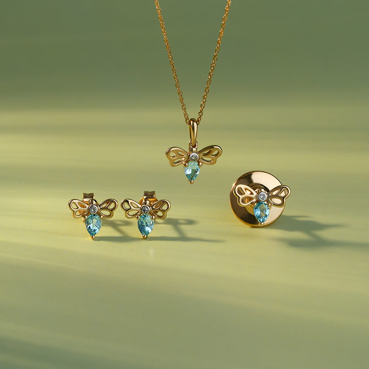 Honeycomb Art Nouveau Pear Shape Topaz and Diamond Bee Stud Earrings in 9ct Yellow Gold