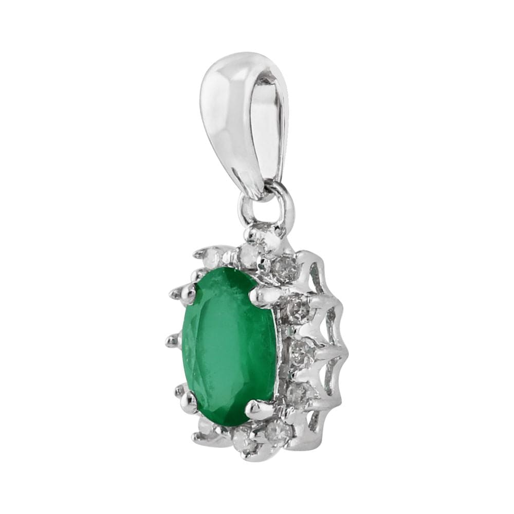 Classic Emerald & Diamond Halo Cluster Stud Earrings & Pendant Set Image 4