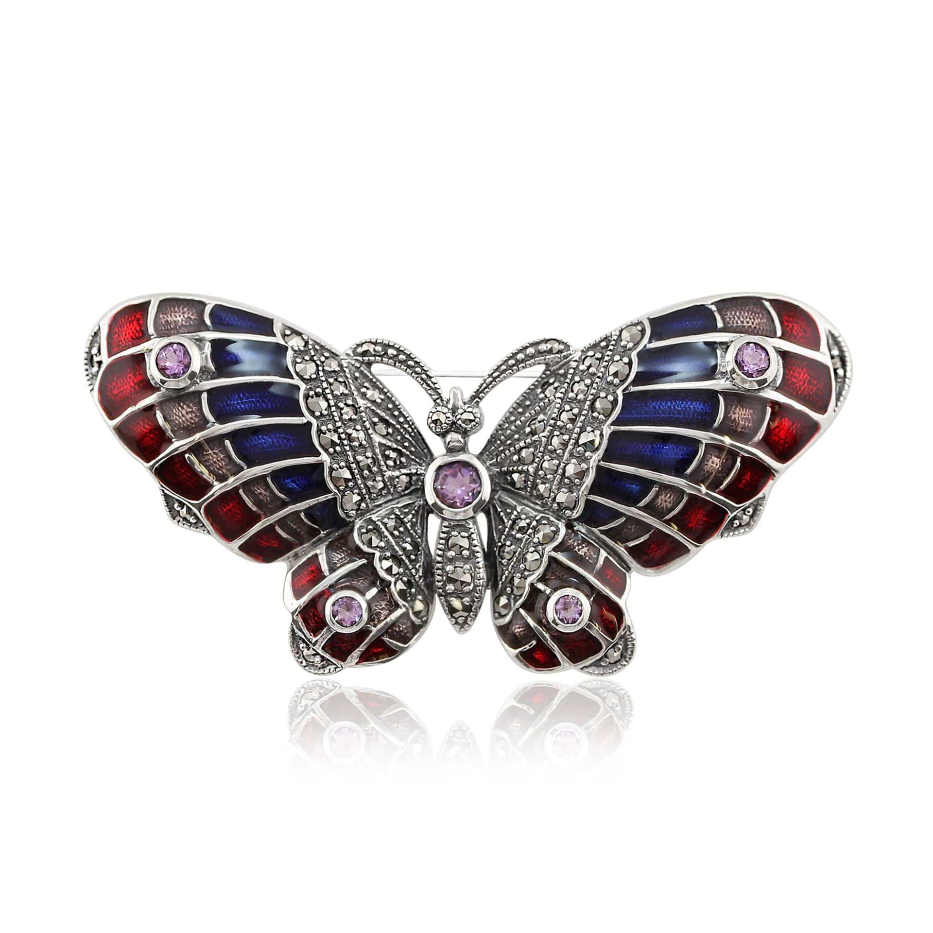 26308 Art Nouveau Style Round Marcasite, Amethyst & Enamel Butterfly Brooch in 925 Sterling Silver 1