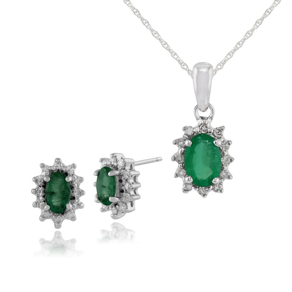 Classic Emerald & Diamond Halo Cluster Stud Earrings & Pendant Set Image 1