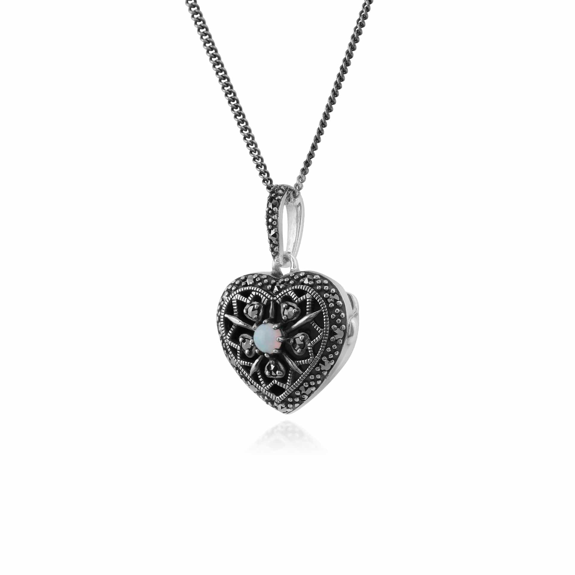 214N688401925 Art Nouveau Style Round Opal & Marcasite Heart Necklace in 925 Sterling Silver 3