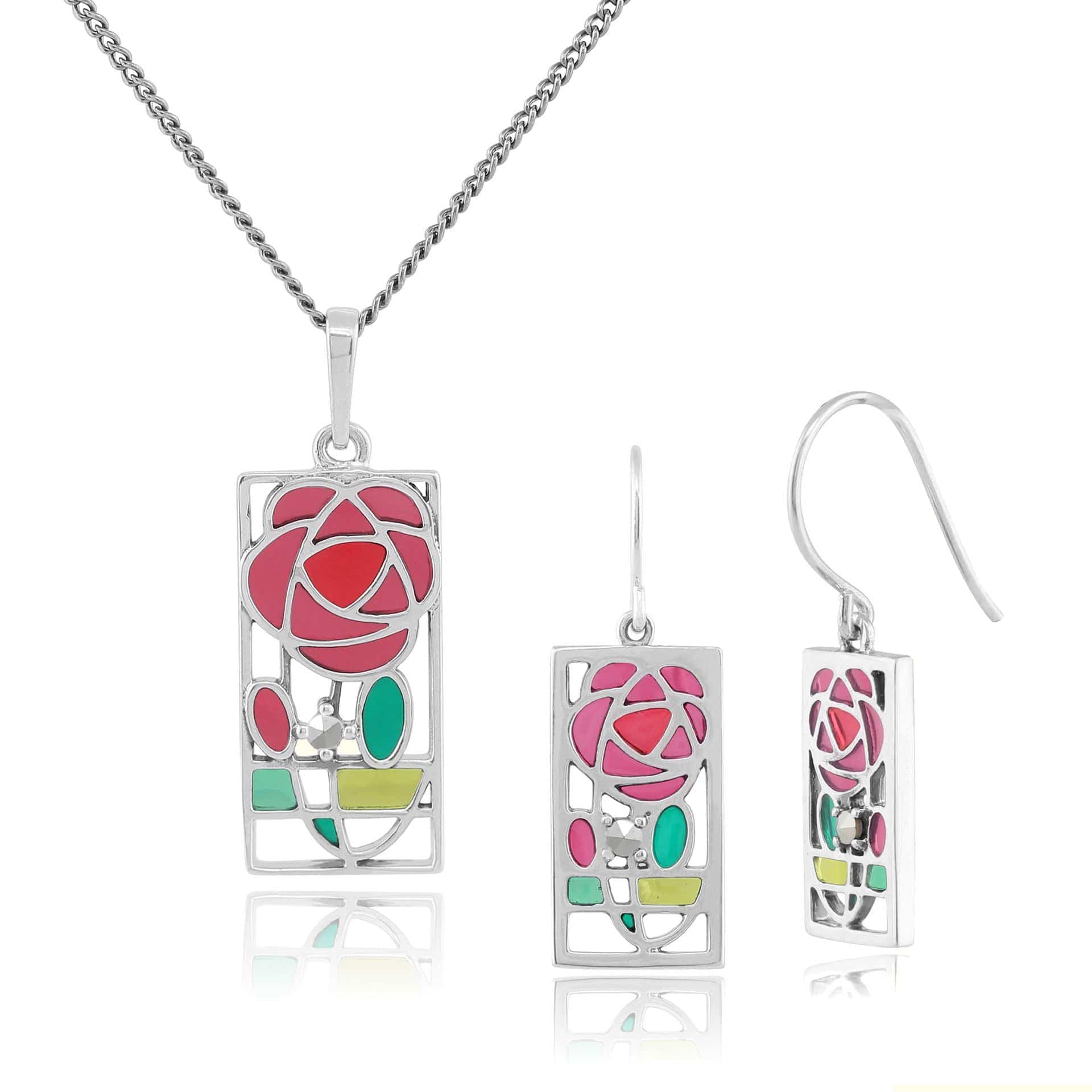 214E812901925-214N509001925 Rennie Mackintosh Inspired Inspired Enamel Glasgow Rose Rectangle Drop Earrings & Pendant in 925 Sterling Silver 1