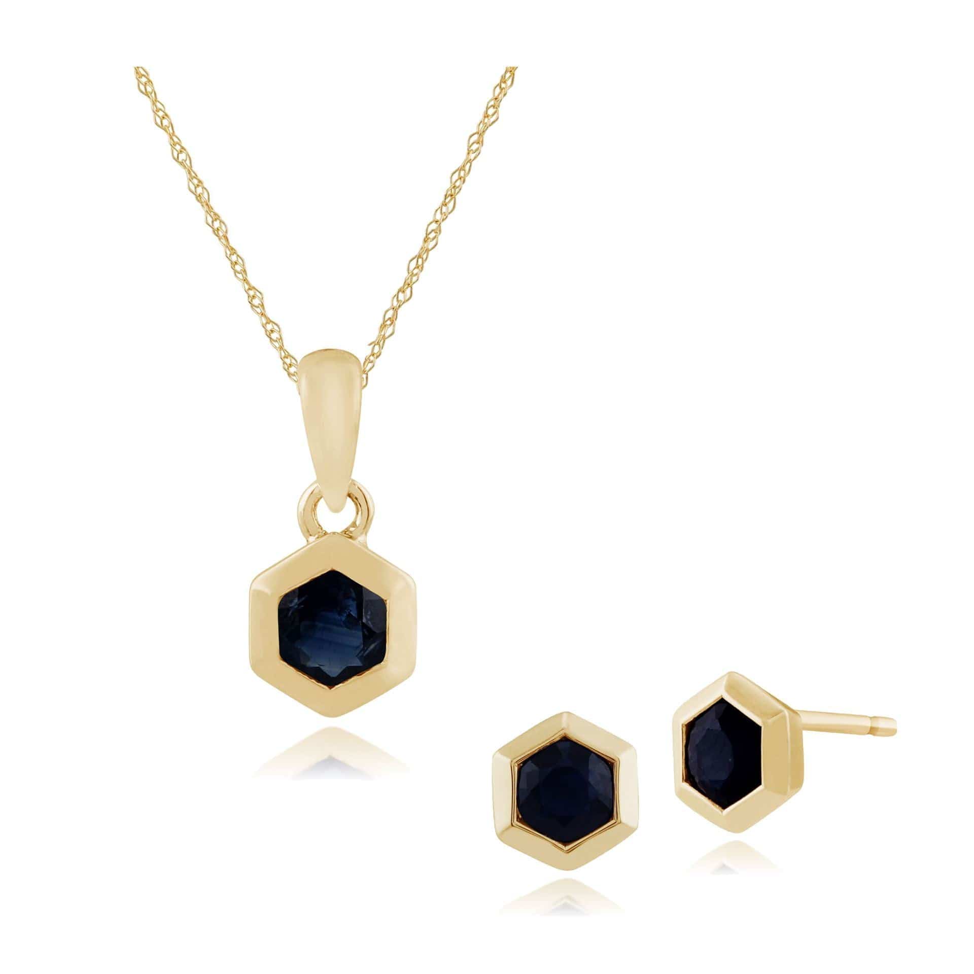 135E1241019-135P1598019 Geometric Hexagon Sapphire Bezel Set Stud Earrings & Pendant Set in 9ct Yellow Gold 1