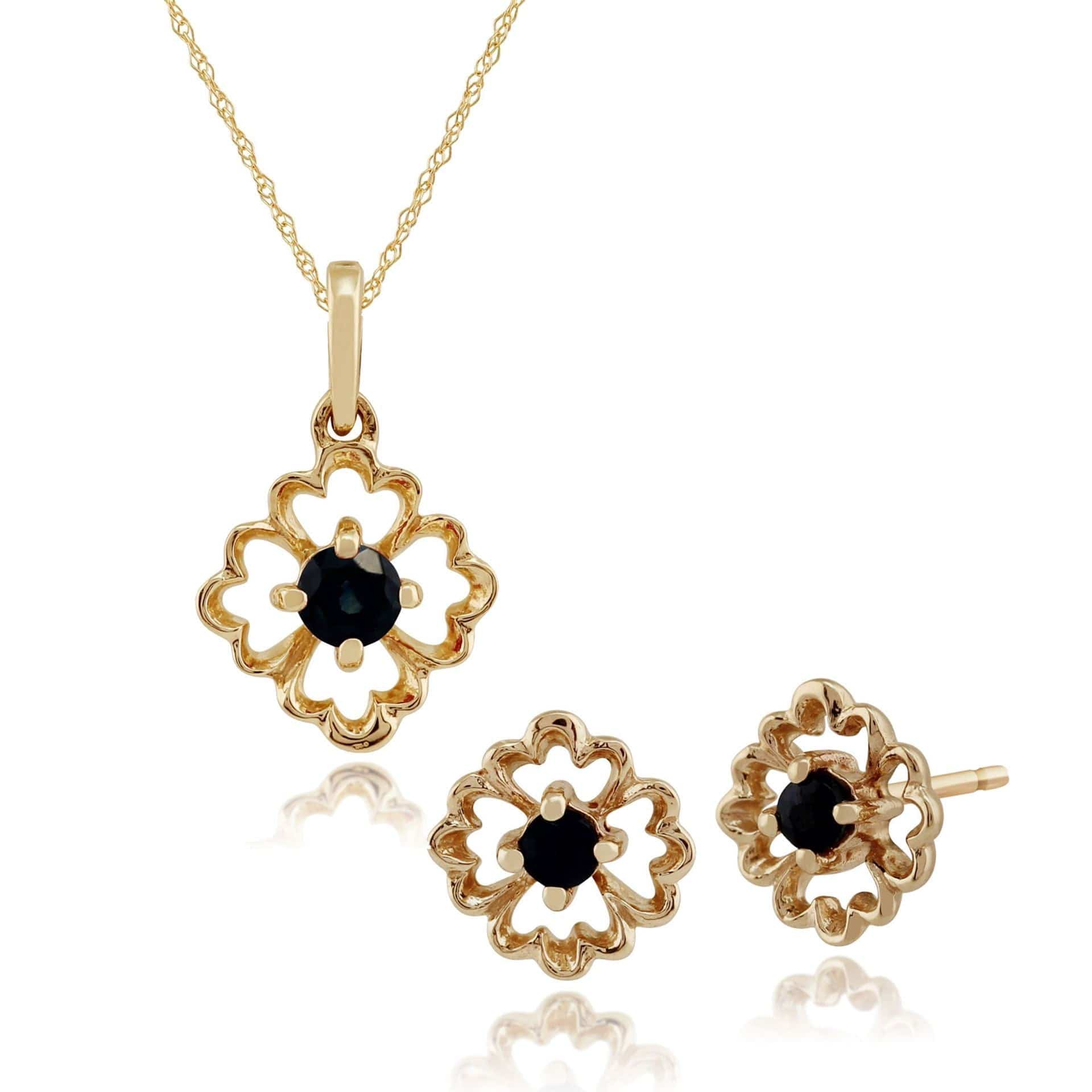135E1192039-135P1558039 Floral Round Sapphire Framed Stud Earrings & Pendant Set in 9ct Yellow Gold 1