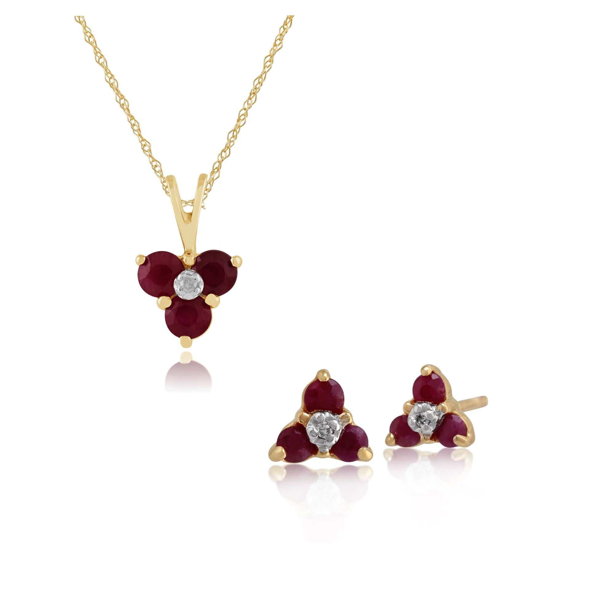 26929-25381 Floral Round Ruby & Diamond Flower Stud Earrings & Pendant Set in 9ct Yellow Gold 1