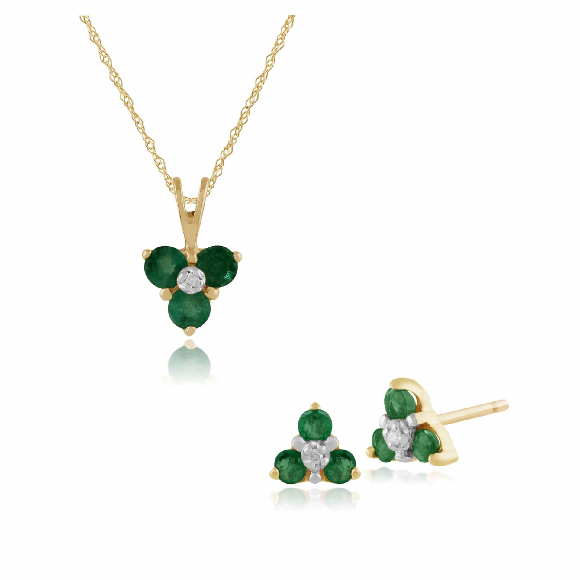 25379-26931 Floral Round Emerald & Diamond Stud Earrings & Pendant Set in 9ct Yellow Gold 1