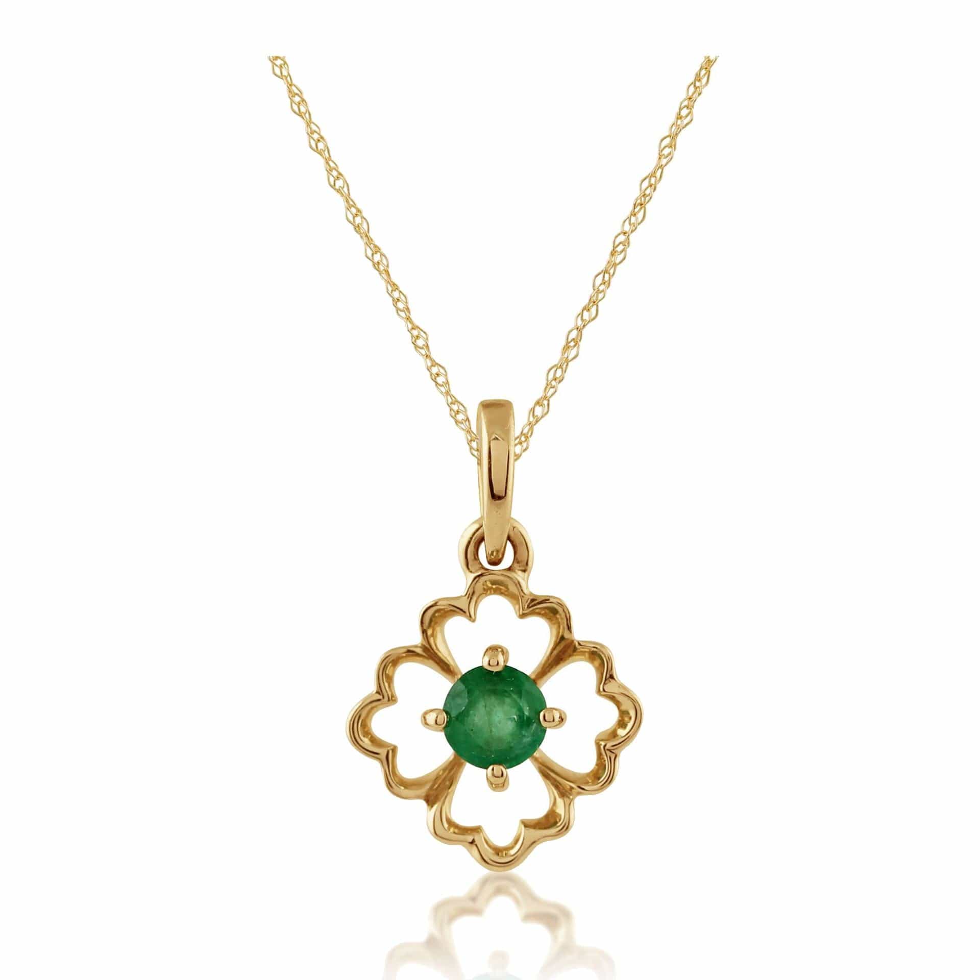 135P1558019 Floral Round Emerald Pendant in 9ct Yellow Gold 1